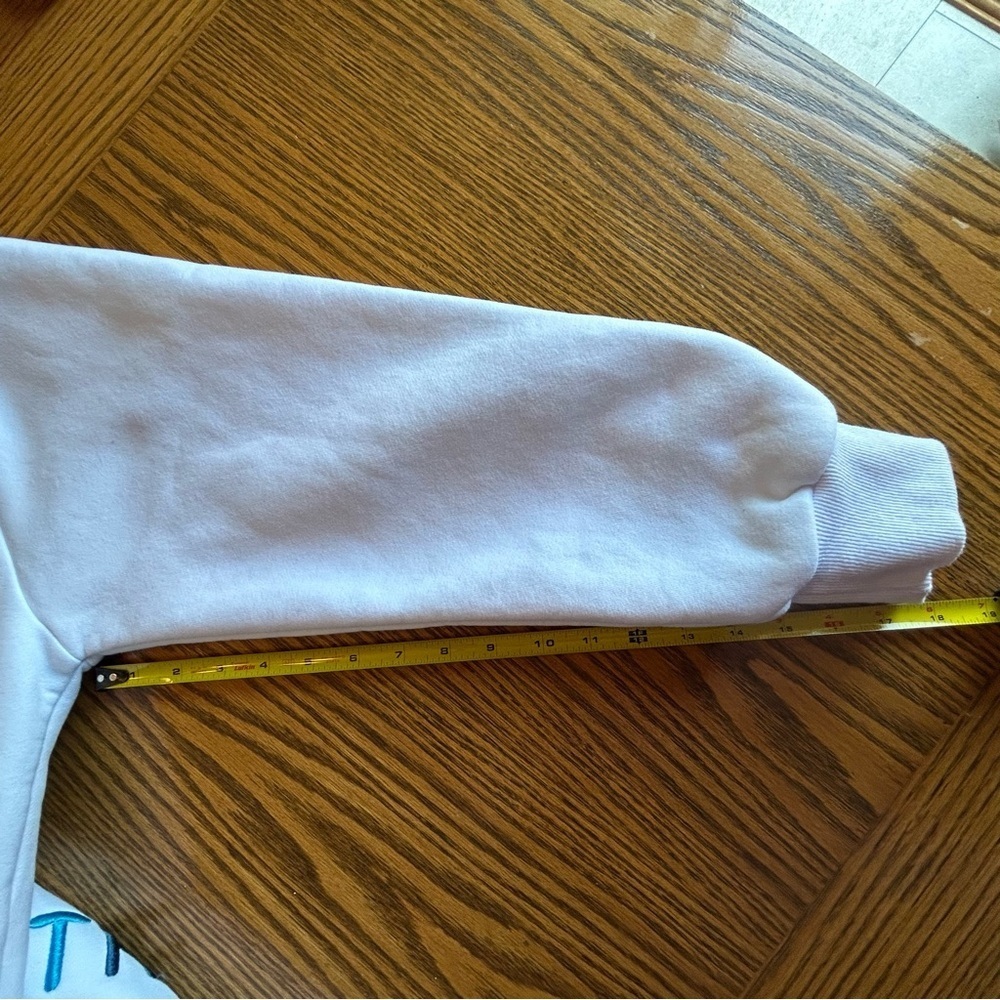 Sarai Baggy White Sweatshirt with Yellow Hood Lining Colorful Text Size XXL - Picture 11 of 12